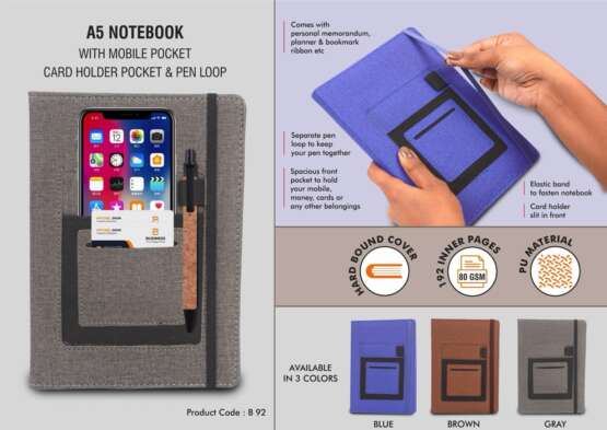 A5 notebook with mobile pocket, card holder pocket & pen loop