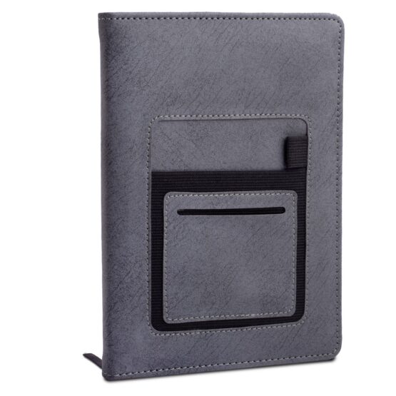 Soft Gray A5 notebook with mobile pocket, card holder pocket & pen loop