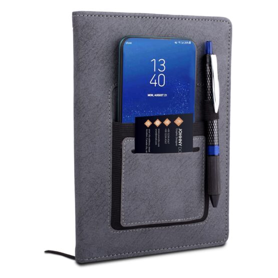 Soft Gray A5 notebook with mobile pocket, card holder pocket & pen loop - Image 2