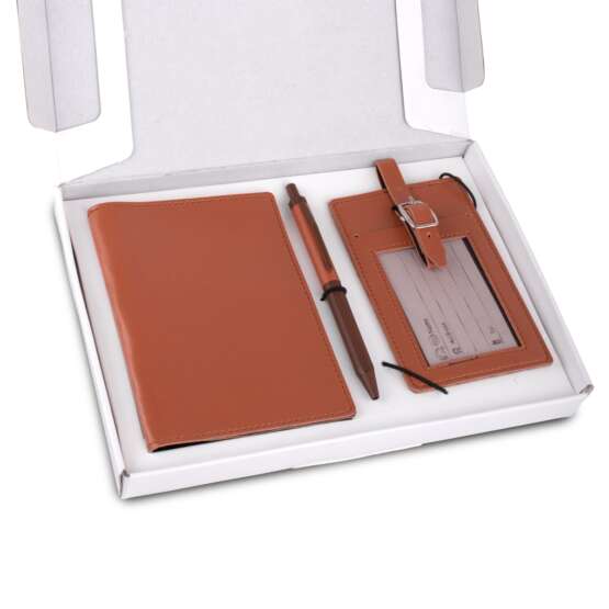 3 pc Travel set: Mini Passport holder with Sim card box, Luggage tag & Metal Pen in Gift box