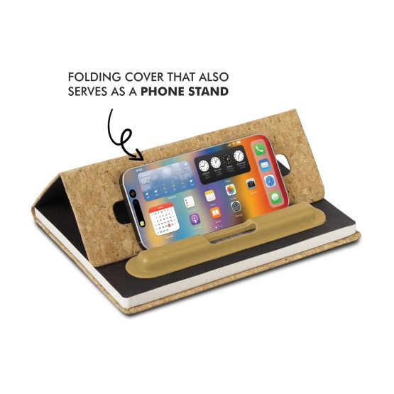 Cork A5 Notebook with Hard pen slot and Folding cover Phone Stand - Image 3